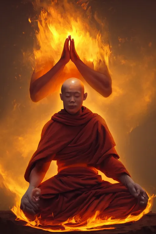 Image similar to A meditating monk on fire , Trending on artstation.