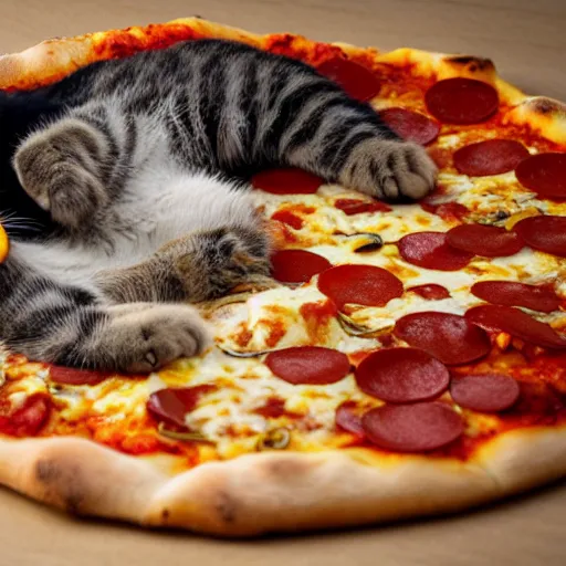 Prompt: a cat sleeping on a pizza
