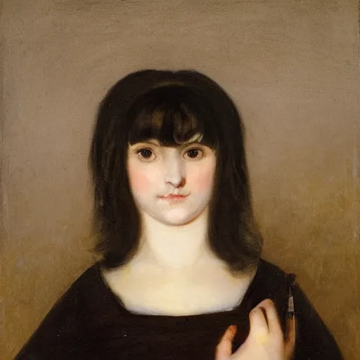 Prompt: fantasy portrait of a beautiful pale - skinned girl with dark hair and short bangs. the corners of the eyes are turned down. there is a puncture in the nose and a ring is inserted. brown eyes, long eyelashes, plump lips by francisco goya