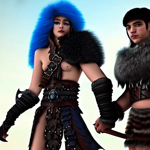 Image similar to a male DND barbarian wearing leather armor and fur holding a small blue-skinned Triton girl with black hair, high resolution film still, 4k, HDR colors, a dnd Triton girl with blue skin and messy black hair