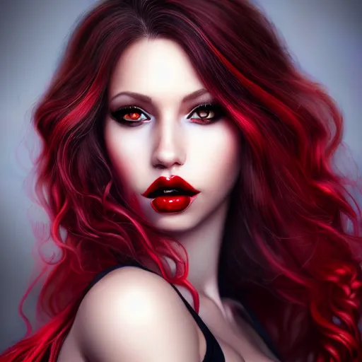 Image similar to a realistic illustration portrait of a beautiful liz katz with curly black and red hair, black eyeliner, trending on artstation, hyper - realistic lighting, intricate, ross tran