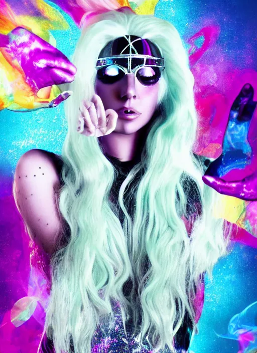 Image similar to lady gaga with long white hair holding a peace sign, an album cover by Hedi Xandt, featured on deviantart, holography, smokey background, matte background, seapunk High resolution. Highly detailed. Dramatic. 8k.4k.