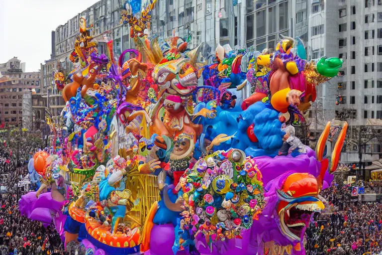 Image similar to photo of giant elaborate parade float designed by geoff darrow!!!! and ( ( ( ( ( ( lisa frank ) ) ) ) ) ), in the macys parade, detailed 4 k photo