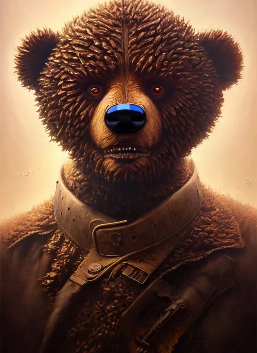 Image similar to closeup portrait shot of a evil teddy bear in a scenic dystopian environment, intricate, elegant, highly detailed, centered, digital painting, artstation, concept art, smooth, sharp focus, illustration, artgerm, tomasz alen kopera, peter mohrbacher, donato giancola, joseph christian leyendecker, wlop, boris vallejo