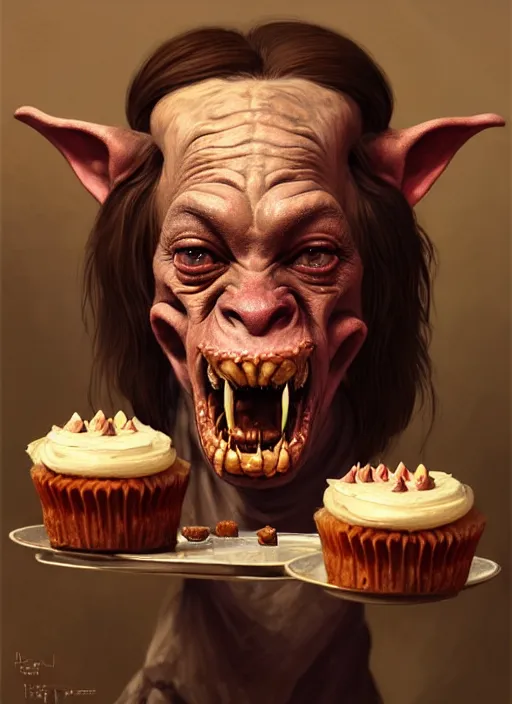 Image similar to portrait of a medieval goblin eating cakes, beautiful face, hyper realistic, highly detailed, digital painting, artstation, illustration, concept art by hyung tae and frank frazetta, digital paint, matte paint, washed colors, dark, gloomy