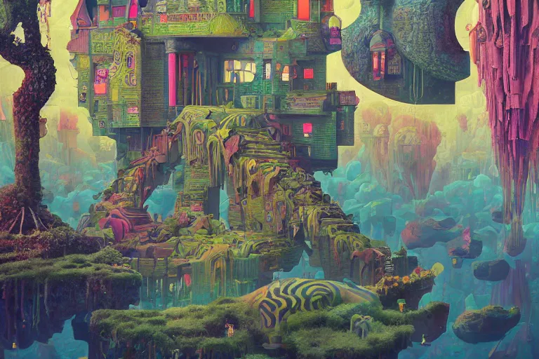 Prompt: a peculiar, beautiful dreamscape with strange inhabitants | | strange dwellings | | colorful, organic painting by max masnyy, jakub gazmercik, beeple, patrick faulwetter, heavenlydaemonic, and mc escher, surrealism, trending on artstation