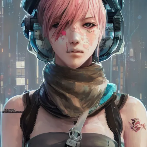 Prompt: highly detailed portrait of a post-cyberpunk punk young lady by Akihiko Yoshida, Greg Tocchini, 4k resolution, league of legends inspired, arcane, nier:automata, pastel pink, light blue, brown, white and black color scheme with graffiti