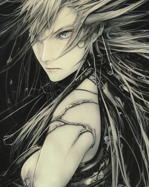 Image similar to Yoshitaka Amano realistic illustration of an anime girl with wavy white hair and cracks on her face wearing Elden ring armour with the cape fluttering in the wind, abstract black and white patterns on the background, noisy film grain effect, highly detailed, Renaissance oil painting, weird portrait angle