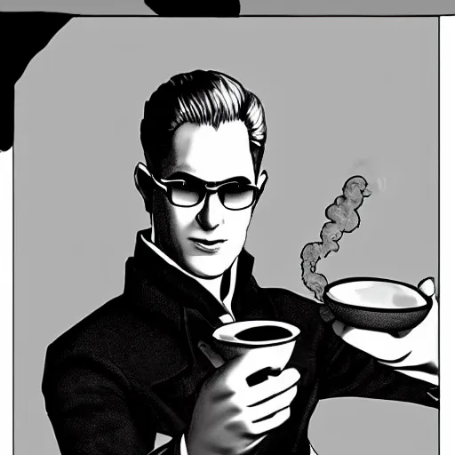 Image similar to albert wesker holding a small steaming china cup of tea, romanticism style, detailed facial proportions