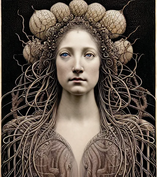 Image similar to detailed realistic beautiful day goddess face portrait by jean delville, gustave dore, iris van herpen and marco mazzoni, art forms of nature by ernst haeckel, art nouveau, symbolist, visionary, gothic, neo - gothic, pre - raphaelite, fractal lace, intricate alien botanicals, ai biodiversity, surreality, hyperdetailed ultrasharp octane render