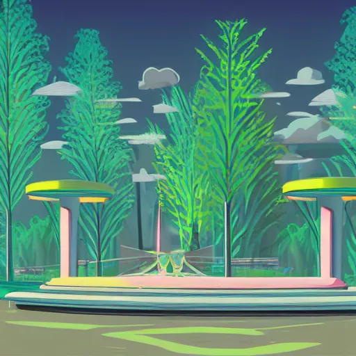 Prompt: art deco vaporwave illustration of a park with trees, benches, and a water feature, in a futuristic pastel city