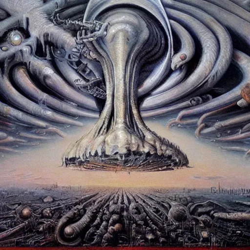 Image similar to a painting of a supreme calamity, apocalypse, end of the world, painting by h. r. giger, super high detail, cosmic perspective, unimaginable scale, grand