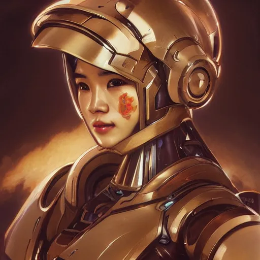 Image similar to portrait painting of asian woman in mecha helmet, by artgerm and greg rutkowski and alphonse mucha, ultra realistic, concept art, intricate details, highly detailed, photorealistic, octane render, 8 k, unreal engine