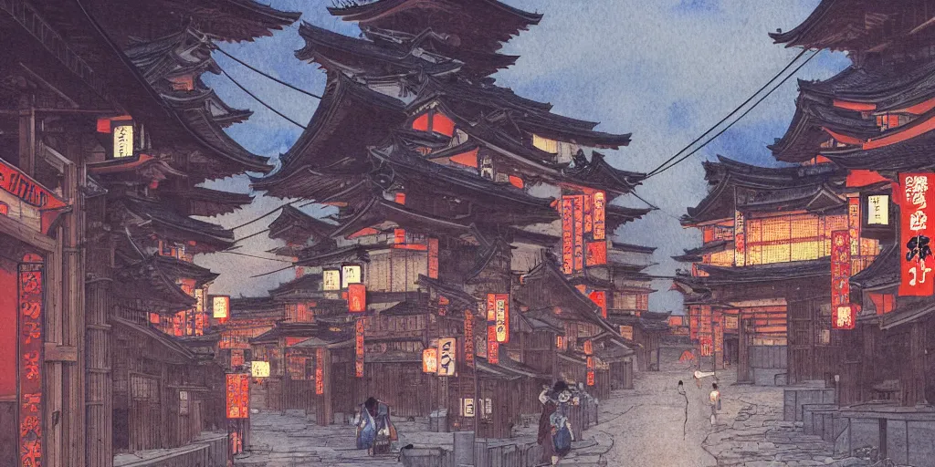 Prompt: feudal japan tokyo street at dusk, on a postcard!!!!, cinematic lighting!!, 4k, trending on artstation, detailed watercolour, rule of thirds, center focus, art by albert bierstadt