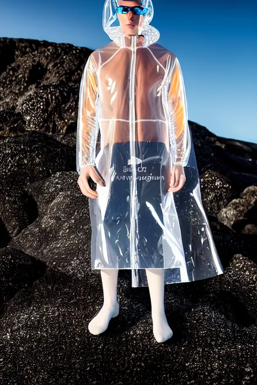 Image similar to an ultra high definition professional high fashion portrait studio full length photograph of a male model wearing a transparent pearlescent raincoat and neon visor planking in an icelandic black rock environment at dawn. no artefacts. extremely detailed. stark. refraction. shallow depth of field. volumetric light and shadow. ray tracing. light rays.