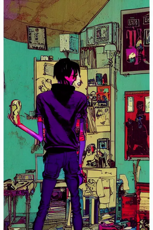 Prompt: a skinny goth guy standing in a cluttered 9 0 s bedroom by jamie hewlett, back view, jamie hewlett art, full body character concept art, vaporwave colors,