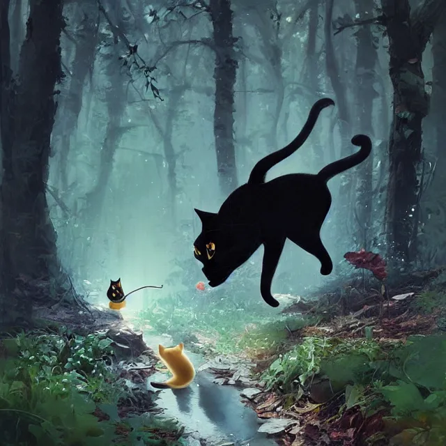 Image similar to a beautiful painting of a cute black cat catching a mouse in a forest. character design by cory loftis, fenghua zhong, ryohei hase, ismail inceoglu and ruan jia. artstation, volumetric light, detailed, photorealistic, rendered in octane