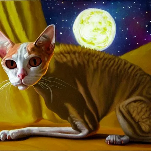 Image similar to painting of a devon rex, cornish rex cat glowing in the moonlight looking curious