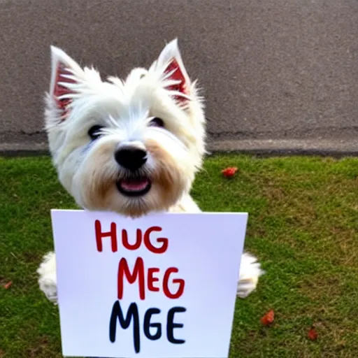 Image similar to a westie holding a sign that says hug me