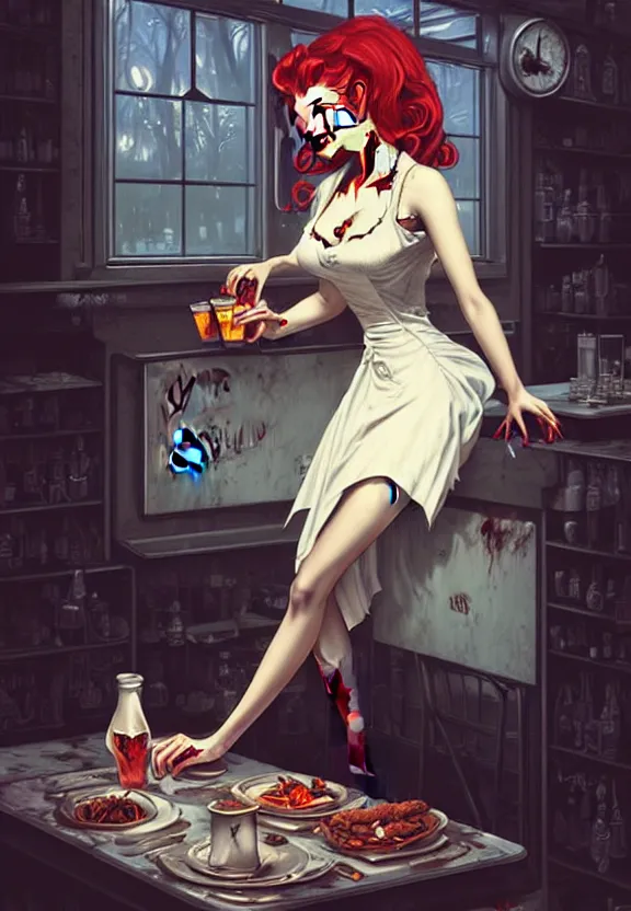 Image similar to Zombie waitress of a small 50’s style diner serving cold drinks, fantasy magic, zombie, dark pin-up style hair, dark light night, intricate, elegant, sharp focus, illustration, highly detailed, digital painting, concept art, matte, art by WLOP and Artgerm and Greg Rutkowski and Alphonse Mucha, masterpiece