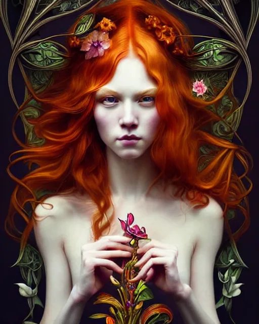 Image similar to Beautiful, evil and playful ethereal ginger portrait, art nouveau, fantasy, intricate flower designs, elegant, highly detailed, sharp focus, art by Artgerm and Mat collishaw and WLOP