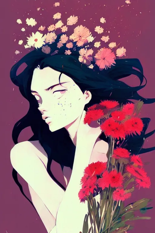 Prompt: a ultradetailed painting of a stylish girl holding a bouquet of flowers by conrad roset, greg rutkowski and makoto shinkai trending on artstation