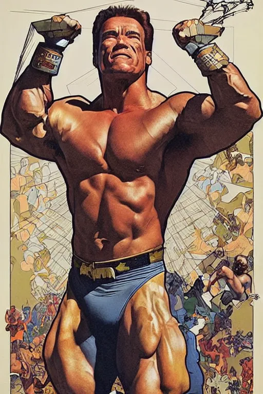 Image similar to arnold schwarzenegger power lifting a truck over his head, by artgerm and moebius and alphonse mucha, hyperdetailed, dc comics, explosions in the sky, trending on deviantart