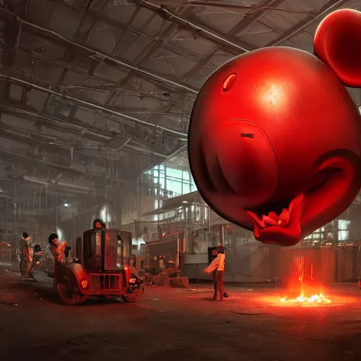 Prompt: a giant mickey mouse head, factory floor, surrounded by factory workers, octane render, cgstation, 3 d render, very detailed, mindblowing, blood and guts, gritty, cyberpunk, cinematic lighting, hyper realism