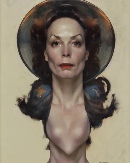 Prompt: head and upper body portrait of elegant striking mature space woman by norman rockwell, roberto ferri, daniel gerhartz, edd cartier, jack kirby, howard v brown, ruan jia, tom lovell, frank r paul, dean cornwell, astounding stories, amazing, fantasy, other worlds