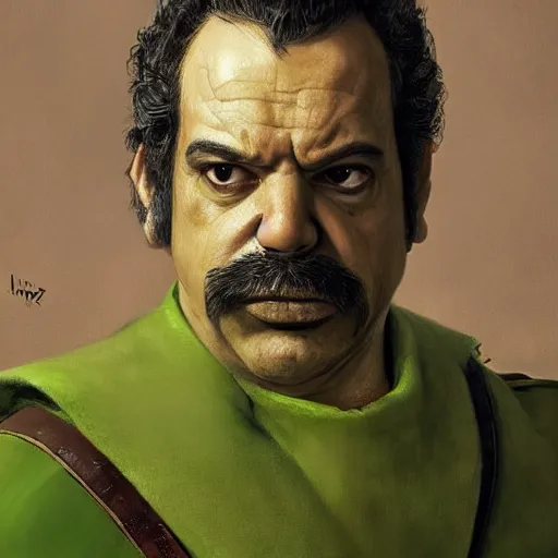 Image similar to hyper realistic, realistic - anime, portrait, beautifully rendered, italian garb the future, scifi, caricature, luis guzman as luigi wearing green, smirking deviously, luigi, luigi's nose, painted by gustave courbet, greg rutkowski, wlop, artgerm, dishonored 2,