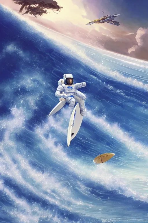 Image similar to a beautiful digital painting of an astronaut in a white and royal blue luxurious space suit surfing the great wave on a mecha surfboard at Pamukkale, thermal waters flowing down white travertine terraces by greg rutkowski, photorealistic, trending on artstation, highly detailed, intricate, unreal engine, octane render