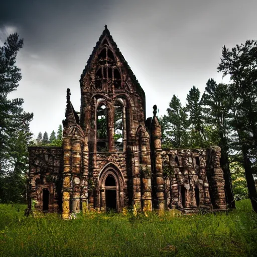 Prompt: ancient building with gothic structure in forest