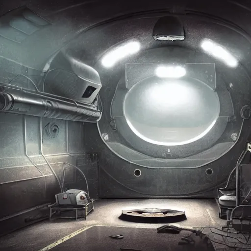 Prompt: Concept art, inside an narrow room of an empty ussr submarine, messy, foggy and dark, littles light shafts coming from little holes, photorealism, 8k, cinematic, high details, neat