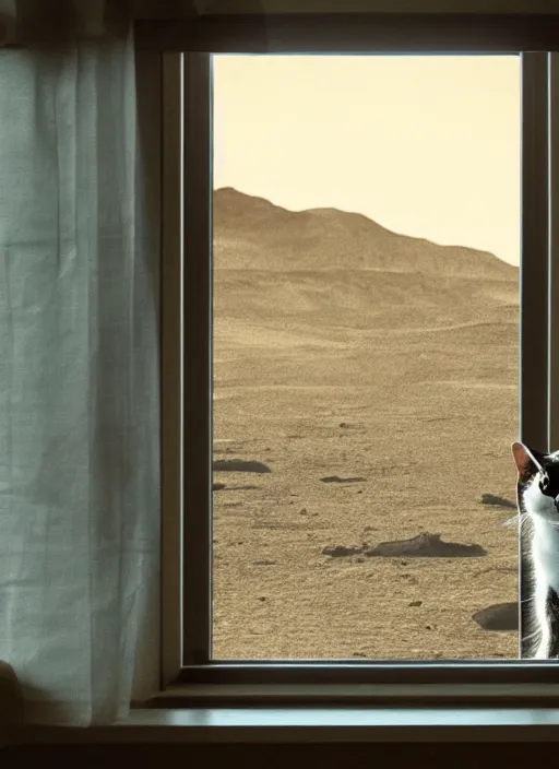 Image similar to cat is inside a window and is watching a martian landscape