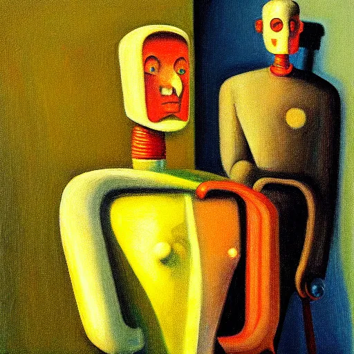 Prompt: robot visages, pj crook, edward hopper, oil on canvas