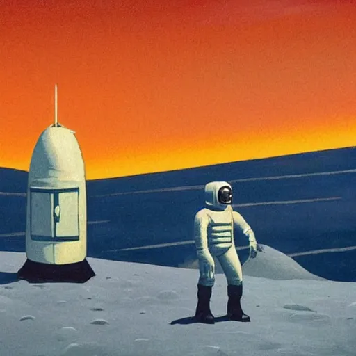 Image similar to lonely astronaut on the moon, in the style of edward hopper, in the style of bonestell, chesley