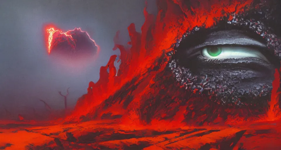 Image similar to a volcano made of ivory vines and crimson rocks enters in eruption, it spits a smoke in the shape of demonic eye, by PAUL LEHR ,