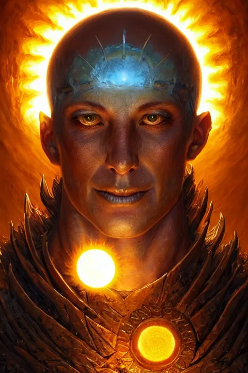 Image similar to humanoid god of the sun, highly detailed, d & d, fantasy, hyper detailed, digital painting, trending on artstation, apollo, concept art, sharp focus, illustration, art by artgerm and magali villeneuve and greg rutkowski and michael whelan, cryengine, 8 k realistic atmospheric lighting, frostbite 3 engine