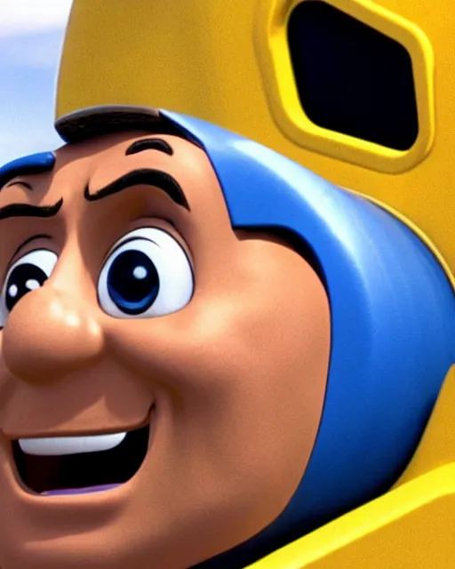 Image similar to Film still close-up shot of Dwayne Johnson as the Thomas the Tank Engine from the movie Thomas and the Magic Railroad. Photographic, photography