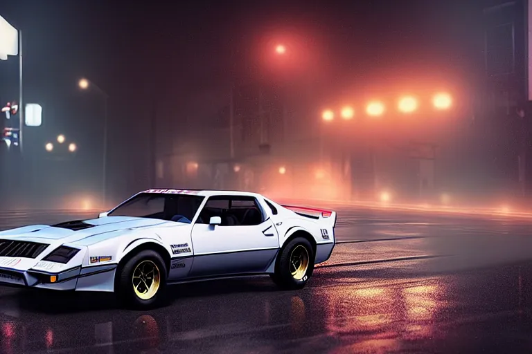 Image similar to hyperdetailed, photorealistic photograph of a 1 9 8 2 pontiac firebird trans - am drifting in the streets, rain, night, dense fog, hd, unreal engine 5 by greg rutowski, by stanley artgerm, by alphonse mucha