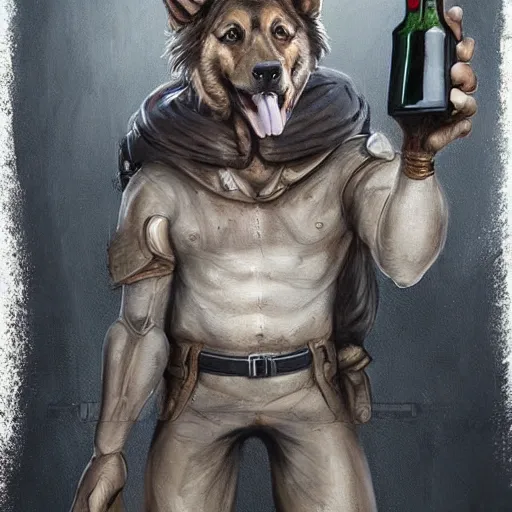 Image similar to a humanoid german shepherd beast - man in military style, holding a bottle of beer, artstation, concept art, smooth, sharp foccus ilustration, artstation