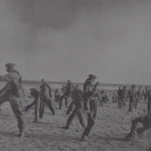 Prompt: lost soldiers on a beach, frenetic city style, black and white photo, 1920, one red moon in the sky