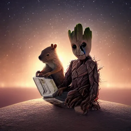 Image similar to groot fantasy illustration of a Birth Machine, Capybara pirate, keeping vigil over the salt flats, lights in the night, highly detailed, soft lighting, rendered in octane, masterpiece, very very very aesthetic, exquisite marble details