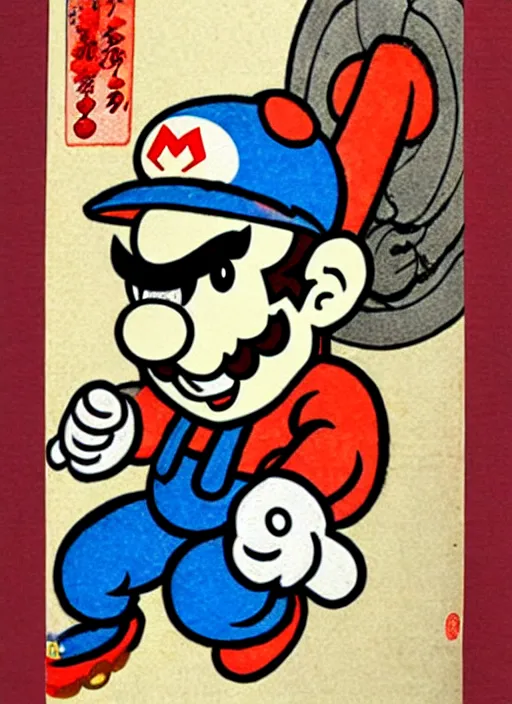 Prompt: super mario as a yokai illustrated in the style of kawanabe kyosai and toriyama sekien