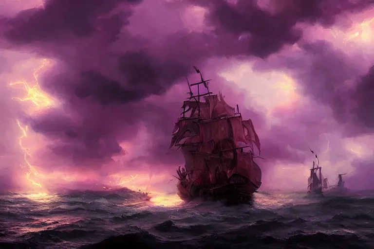 Image similar to a close up pirate ship, violent stormy waters, fiery electrical storm clouds in epic purple sky, dark night, digital art, cinematic, hd, by greg rutkowski, artstation