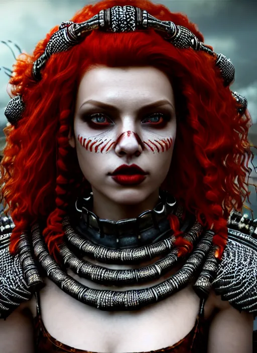 Image similar to a single fierce looking beautiful young woman with curly red hair and symmetrical white makeup, wrapped in chainmail, wearing an intricate headdress made from bones and leather, painted by turner, intricate linework, unreal engine 5 highly rendered, global illumination, radiant light, detailed and intricate environment