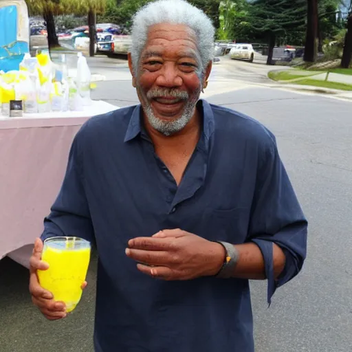 Image similar to happy morgan freeman selling free lemonade