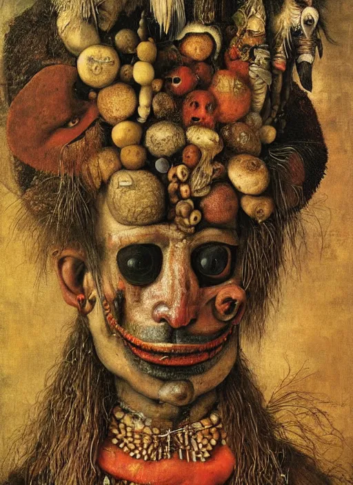 Prompt: a surreal painting of a shaman's face, by Giuseppe Arcimboldo, voodoo, Hieronymus Bosch, symbolist, soft colors, dramatic lighting, smooth, sharp focus, extremely detailed, aesthetically pleasing composition