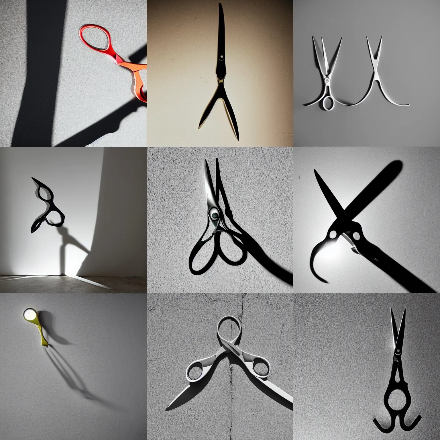Prompt: a pair of scissors is floating in mid - air, illuminated by a bright light, casting a stark shadow on the wall behind it