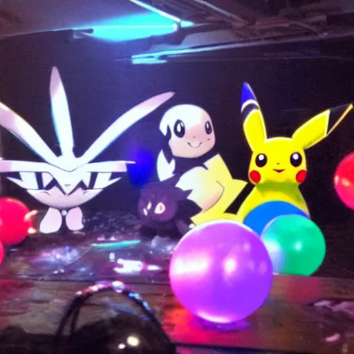 Image similar to pokemon party in a techno nightclub in berlin